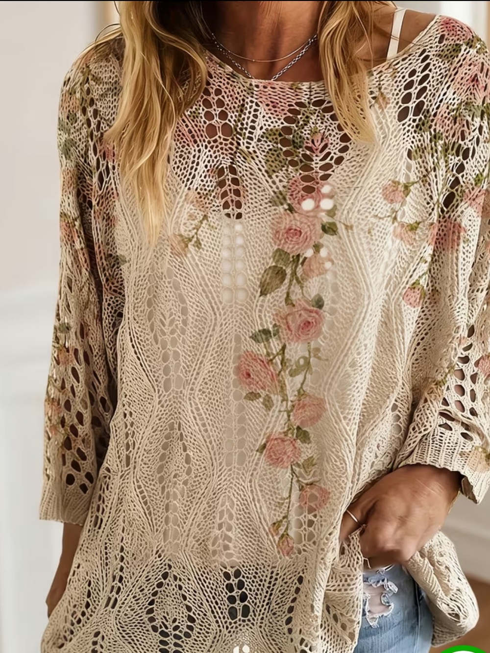 Women's Cream Crochet Floral Knit Top with Pink Roses